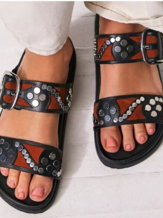 Free People Shoes - NWOT Free People Revelry Studded Slide Sandal in Black/Tan